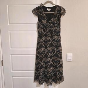 LOFT Ann Taylor Whimsigoth Midi Dress Black Tan Blue Overlay V Neck 4